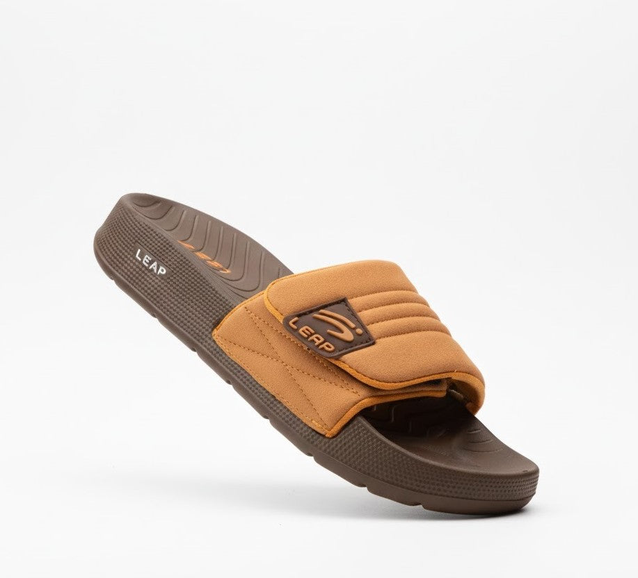 Men’s Cozy Brown Slides by Leap – Soft Sole Casual Slippers