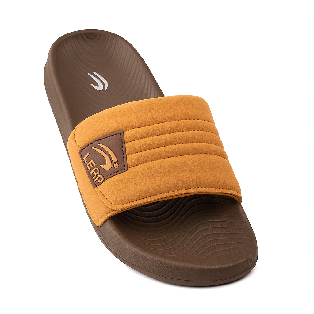 Men’s Cozy Brown Slides by Leap – Soft Sole Casual Slippers