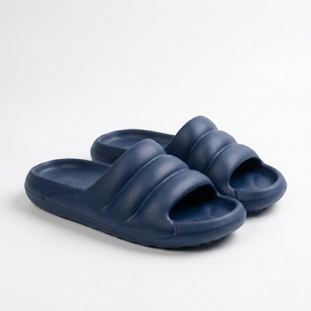 Neo Step navy blue EVA material slippers strap close-up – soft triple-channel quilted foam upper for all-day cushioned comfort